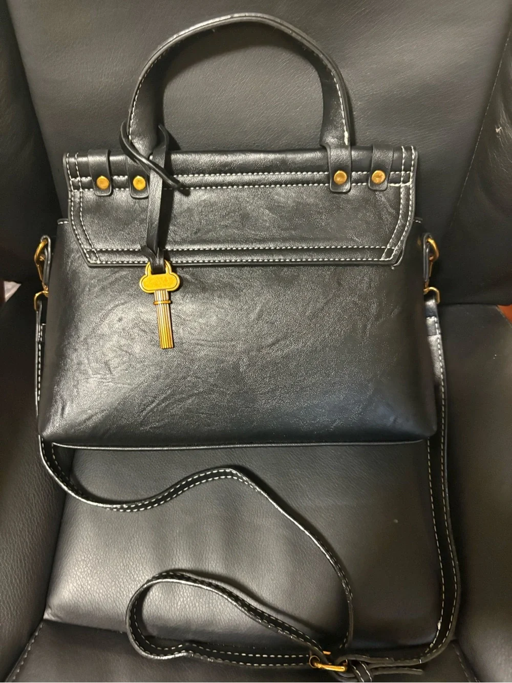 Women’s Black Leather Satchel with Gold Hardware